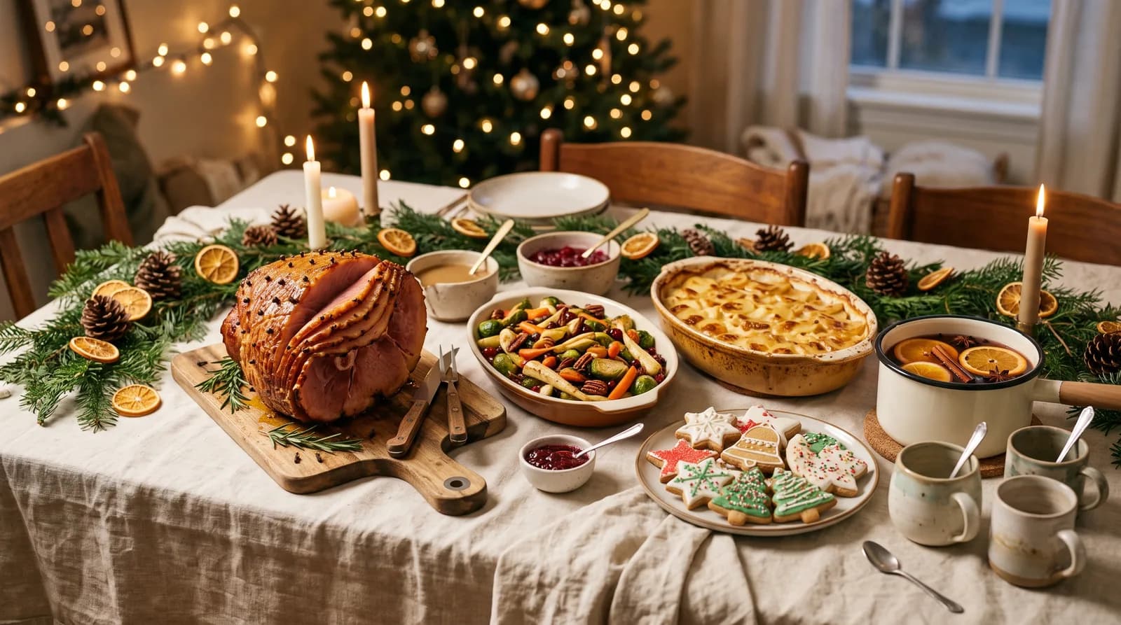 A holiday potluck table by candlelight: a glazed ham, roasted winter vegetables, scalloped potatoes, iced holiday cookies, and a pot of mulled cider beside mismatched mugs, with a lit tree behind.