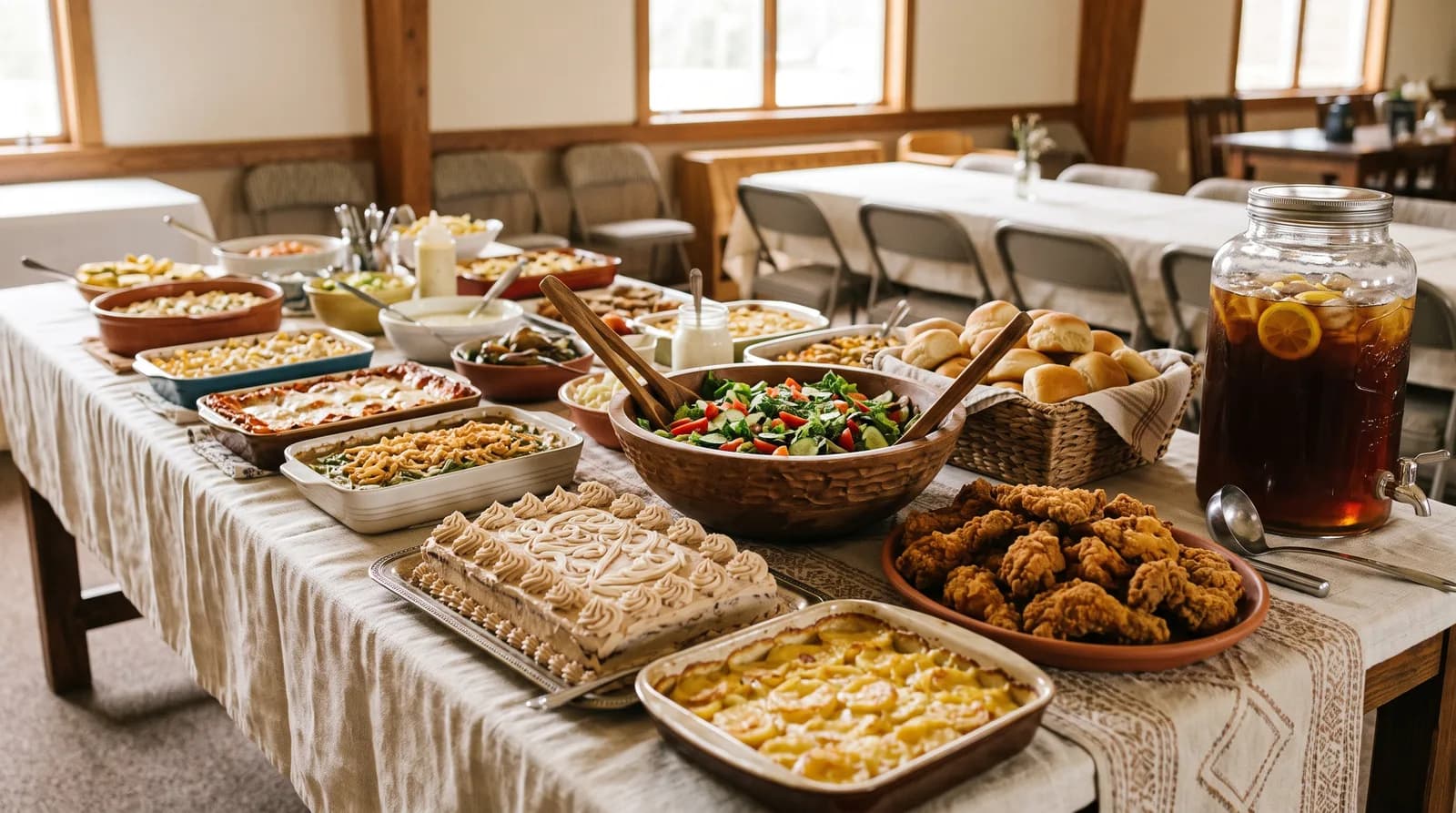 A long fellowship-hall table covered end to end with casseroles, salads, sheet cakes, and big drink dispensers for a church potluck.