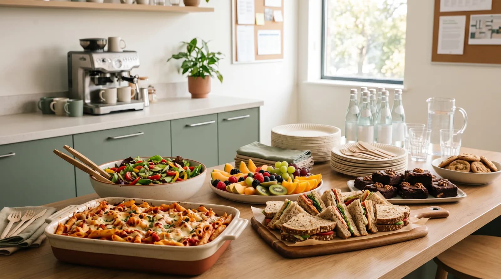 An office break-room table with a balanced potluck spread — a pasta bake, salads, a fruit platter, and labeled dishes.