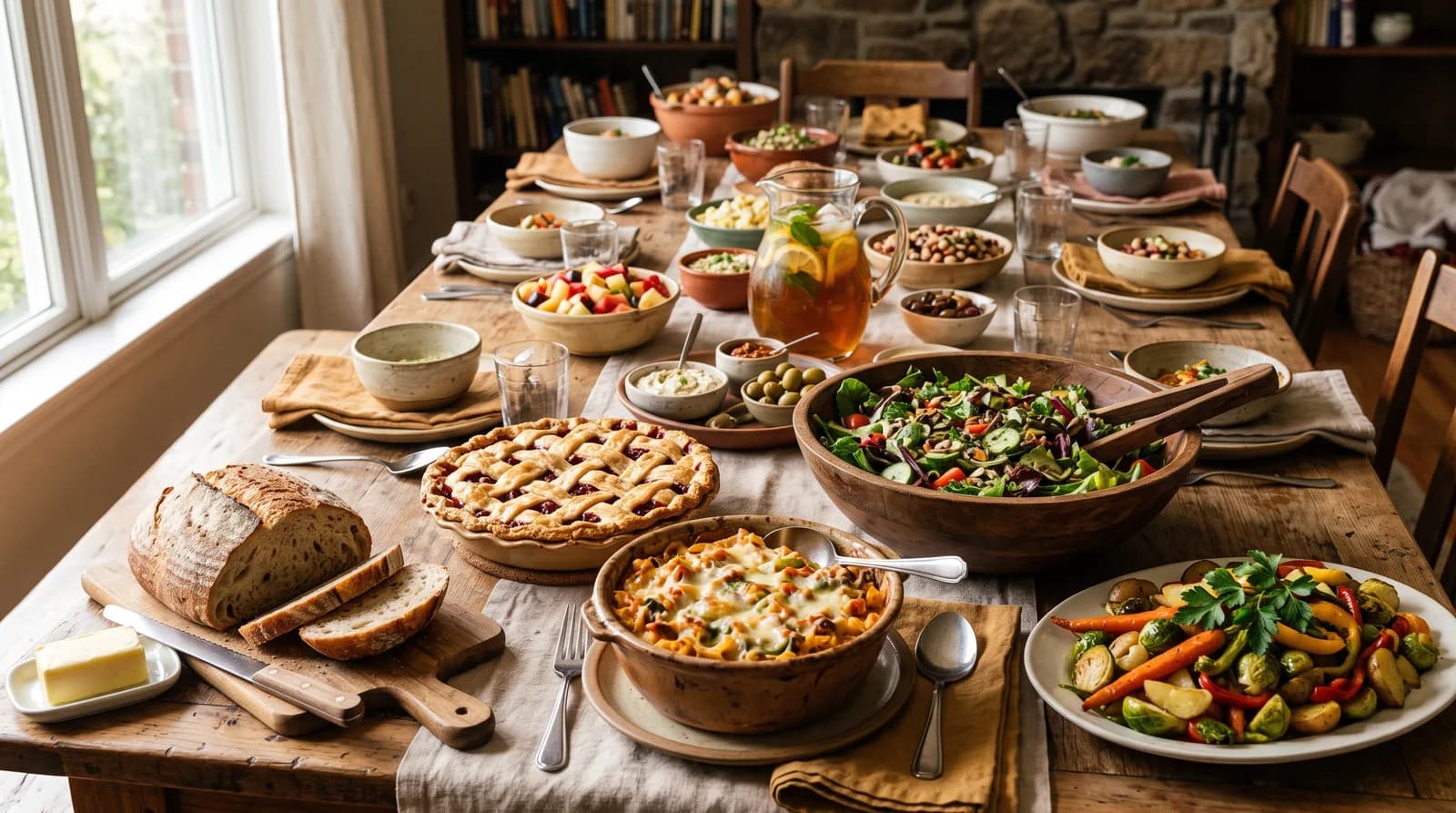 A long table crowded with shared dishes brought by different guests for a community meal.