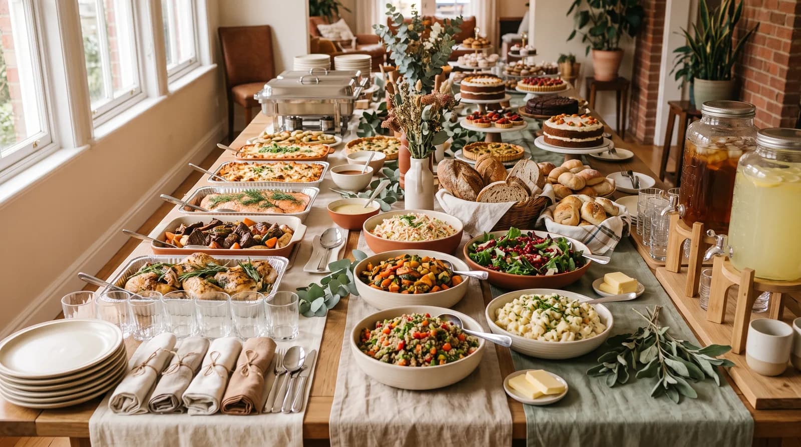 A long buffet table set to serve fifty, lined with trays of mains, sides, big salad bowls, bread, and desserts.
