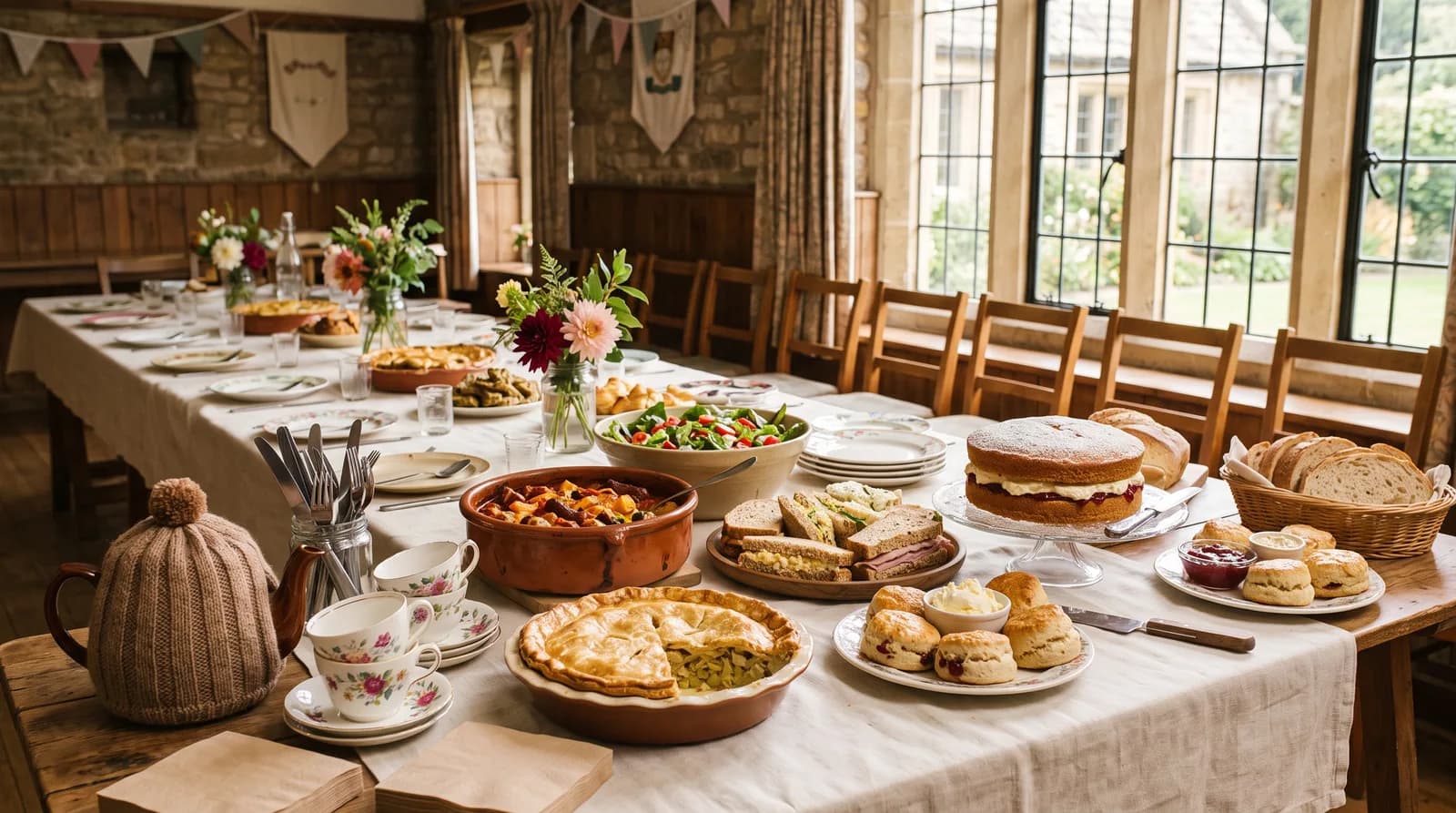 A shared table of contributed dishes for a Jacob's join — a bring-and-share community supper.