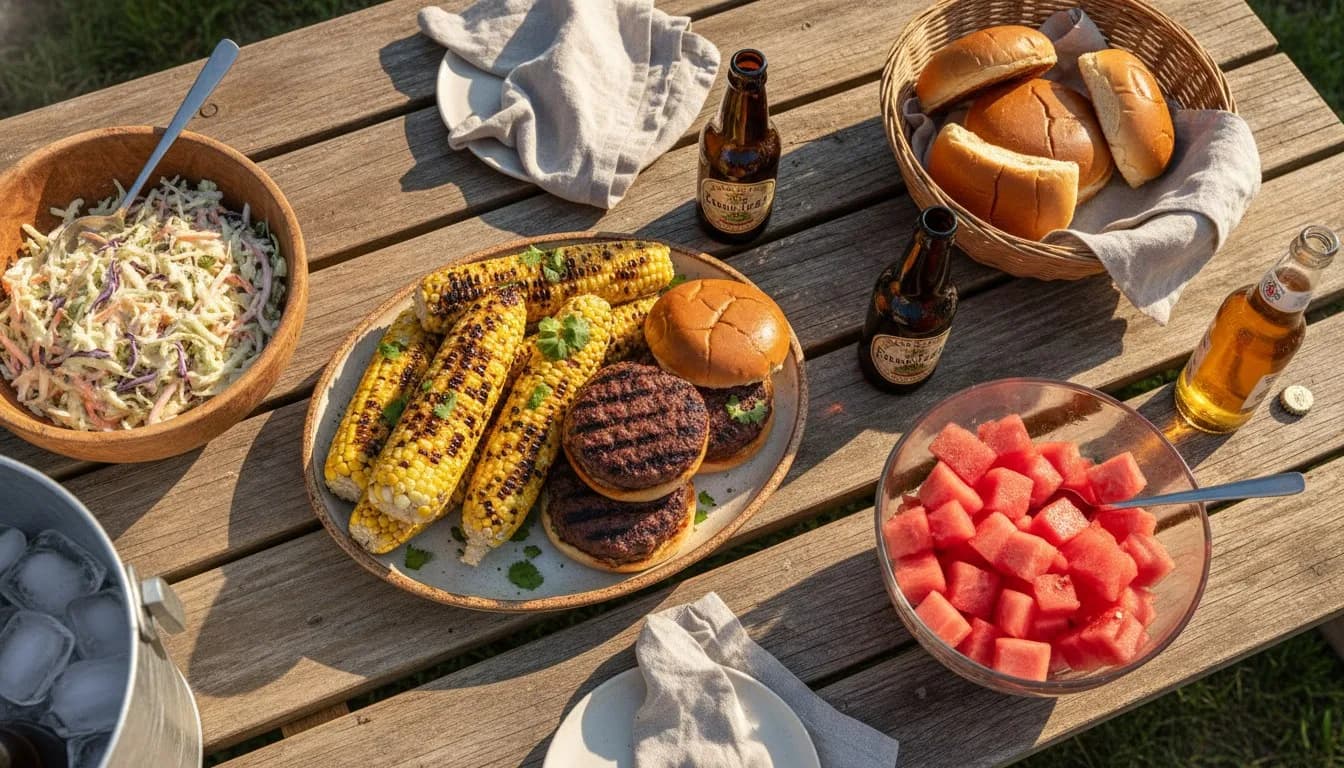 A backyard cookout table in golden afternoon light, with a platter of grilled corn and burgers, bowls of slaw and watermelon, and a drinks cooler off to the side.