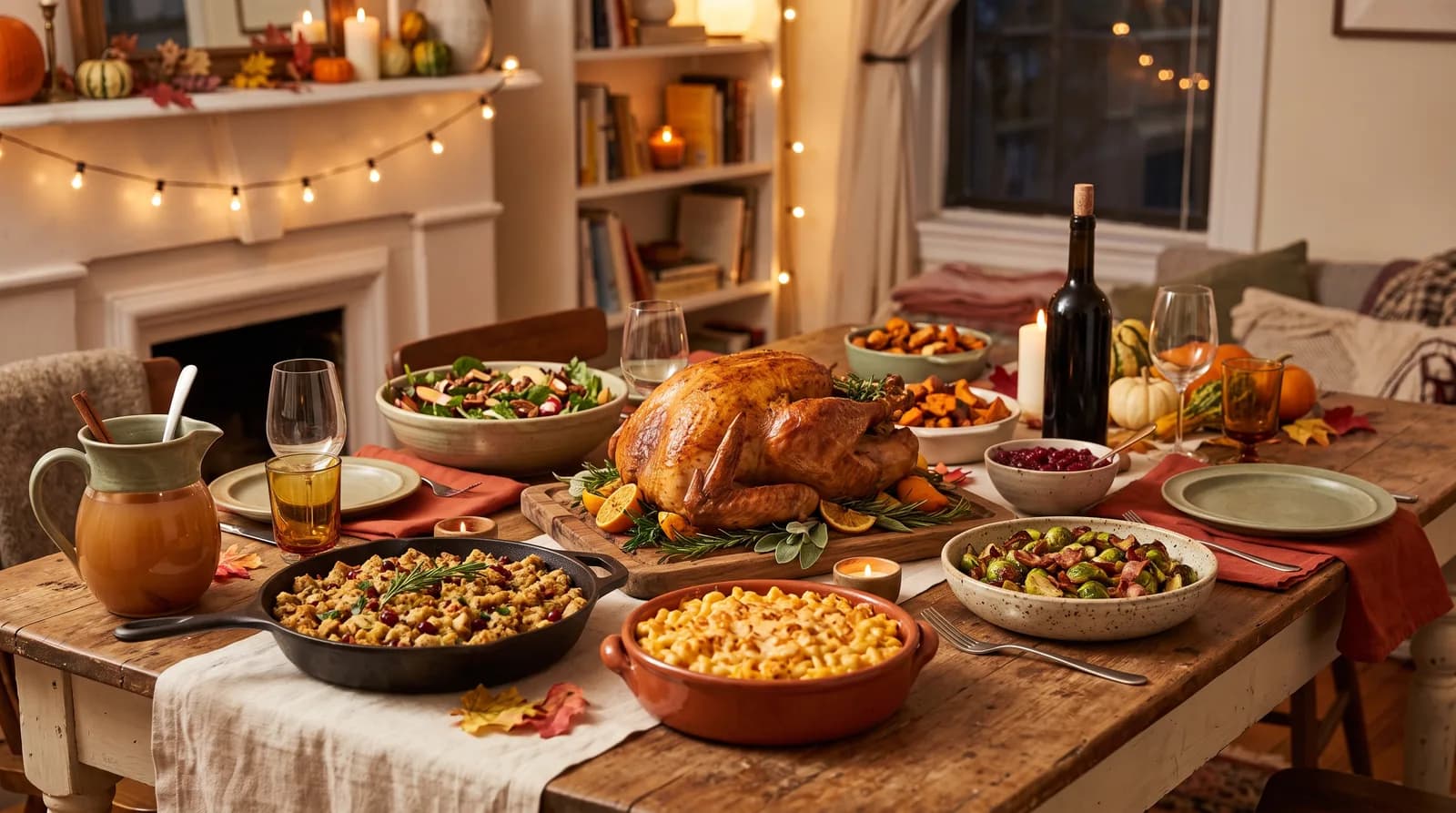 A relaxed Friendsgiving table set by friends — roast turkey, mismatched serving dishes of sides, and pies waiting on a sideboard.