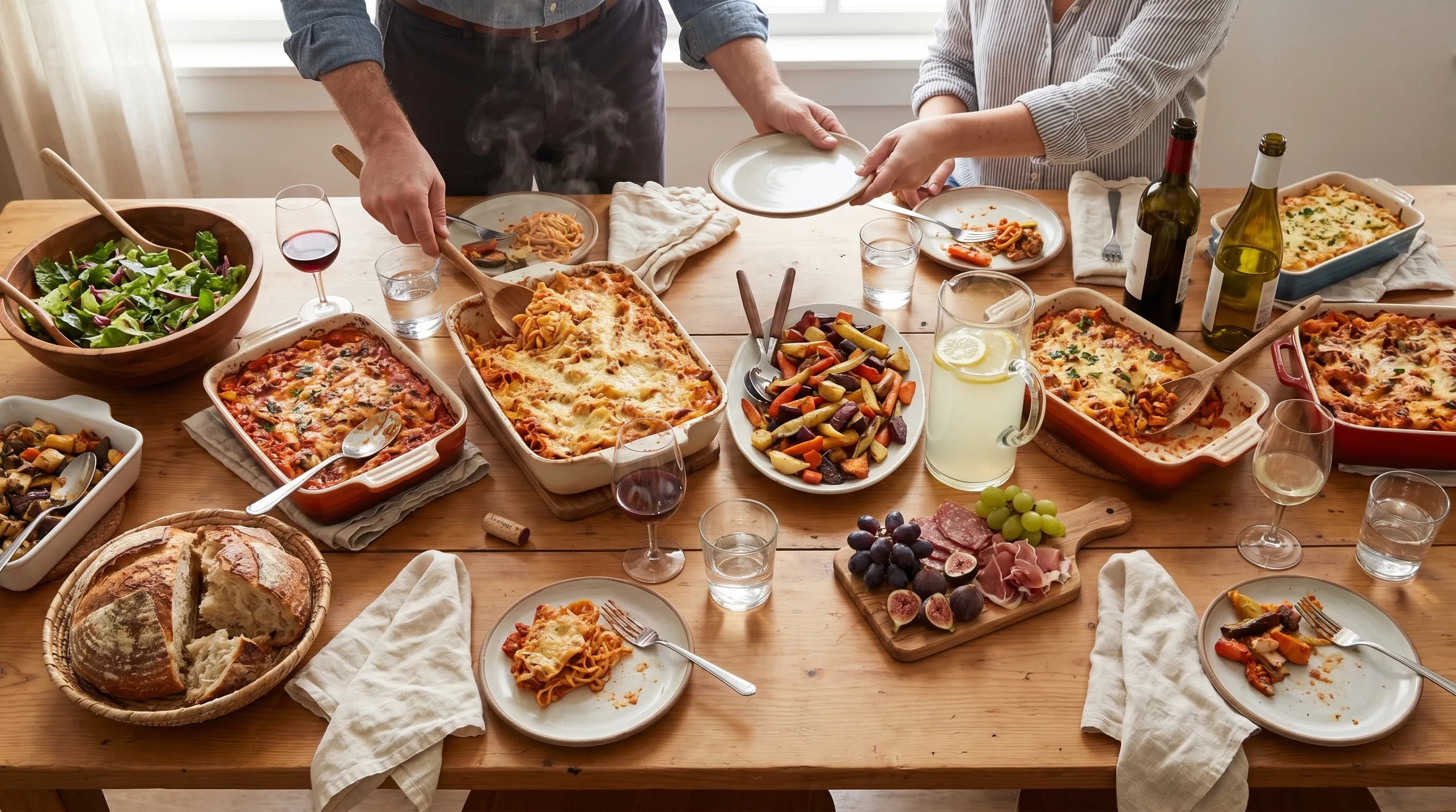 A potluck table mid-meal — shared dishes brought by different guests spread across a warm wooden table.