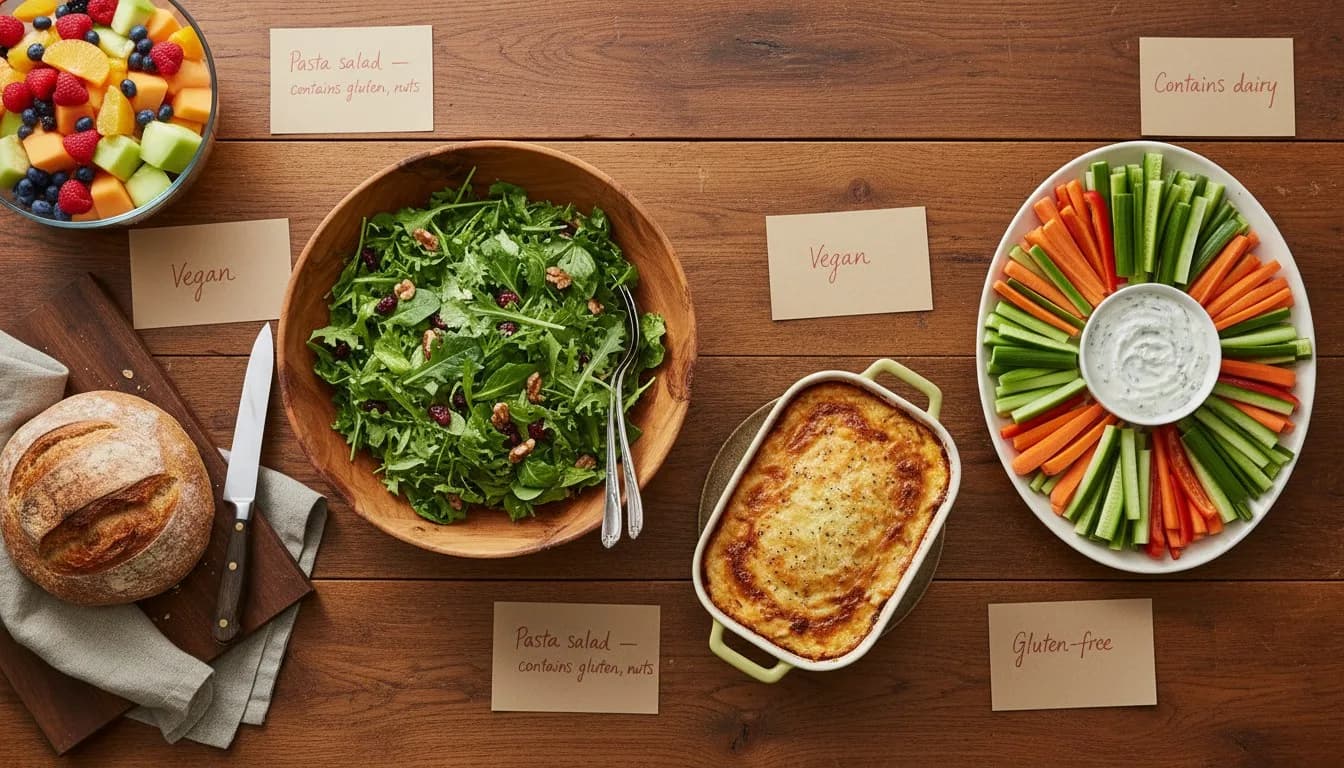 A potluck spread with small handwritten cards in front of each dish noting ingredients (gluten-free, contains nuts, vegan) beside the serving spoons.