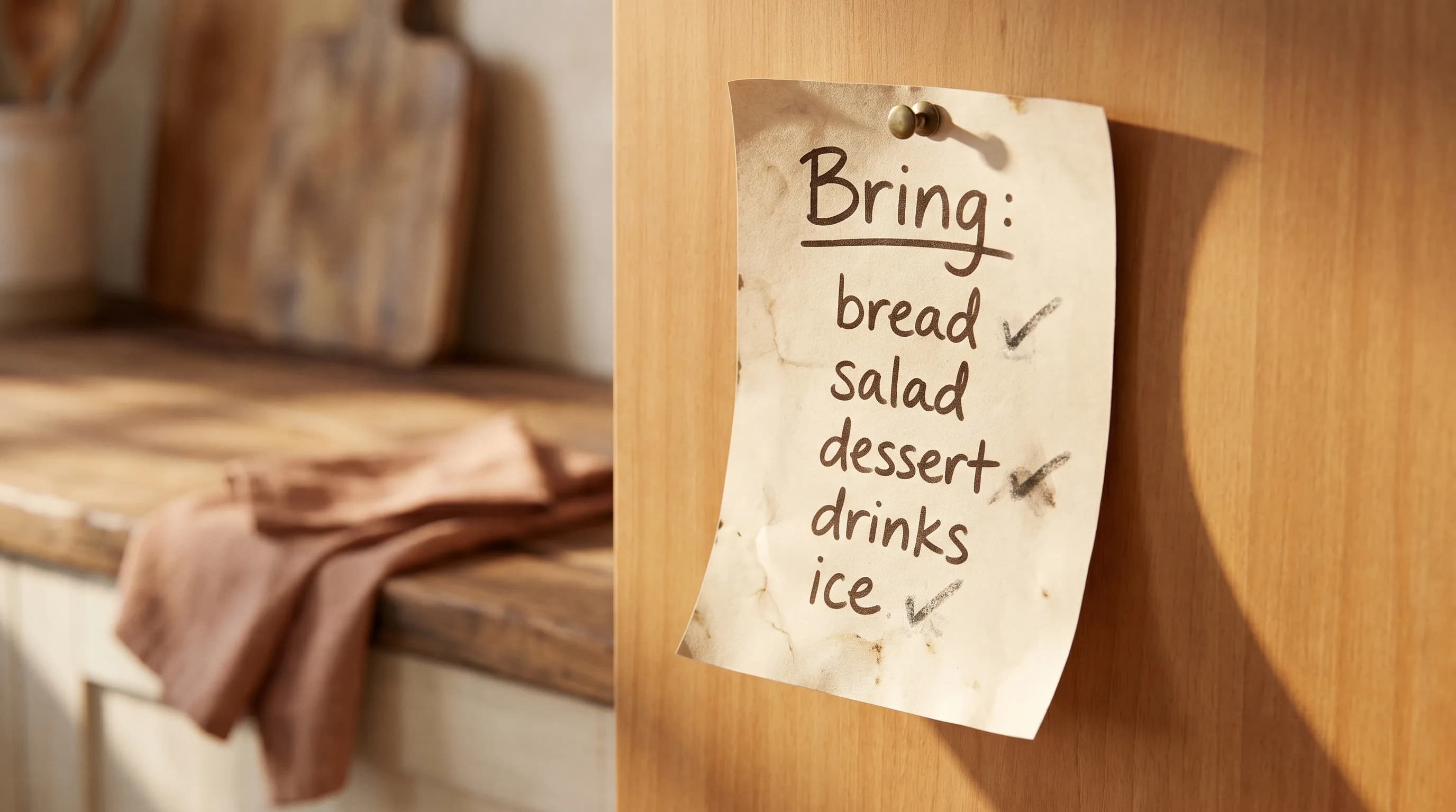 A simple handwritten sign-up sheet for a gathering, with dishes assigned next to each name.