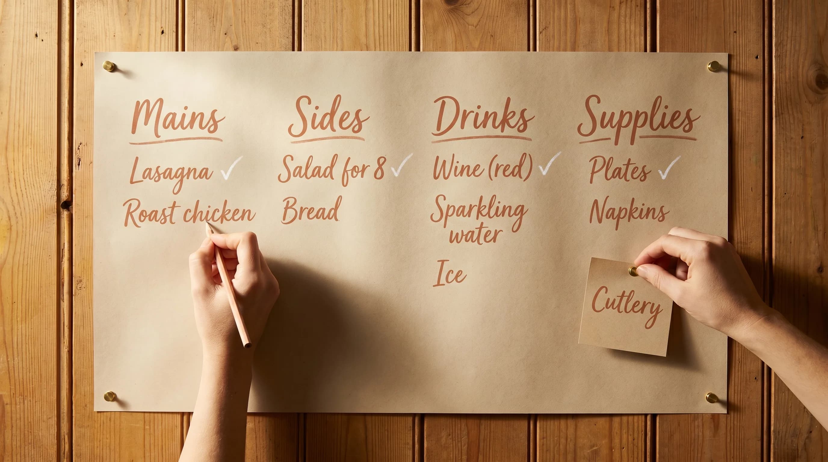 An organized potluck sign-up sheet showing items grouped into categories — sides, mains, drinks, desserts.