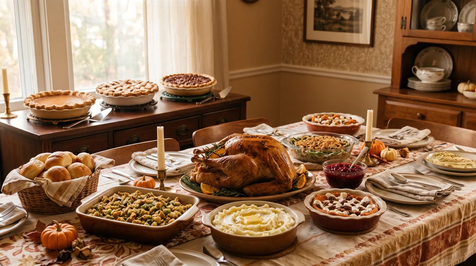 A Thanksgiving table mid-setup — turkey at the center, casserole dishes of classic sides, and a row of pies on the counter behind.