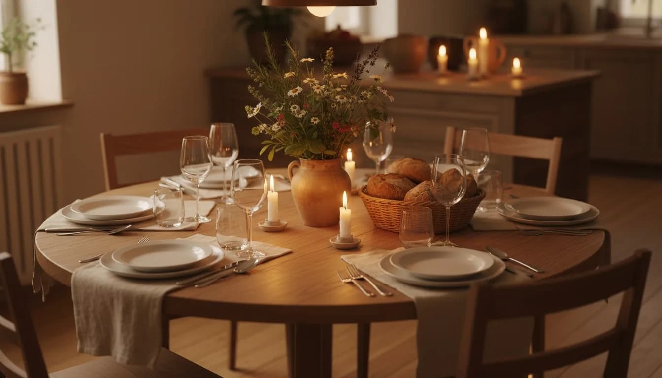 A round dining table set for six in warm evening light, candles lit, wine glasses ready, the host's empty chair pulled out. The quiet moment before guests arrive.