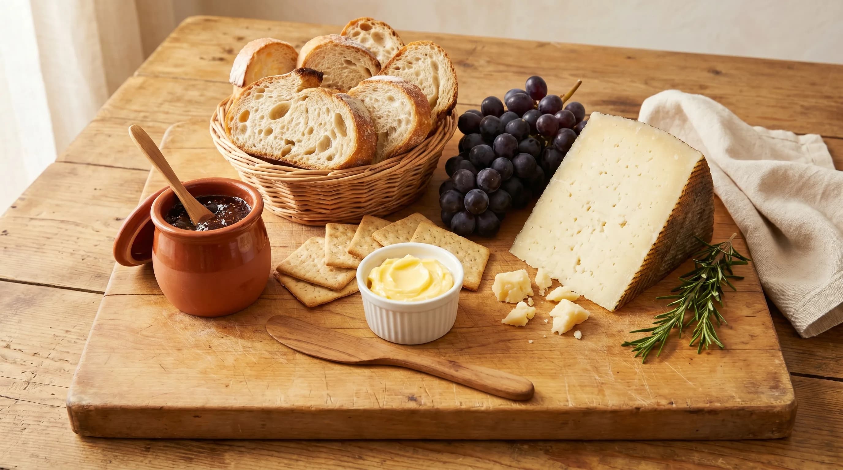 A store-bought charcuterie board, a bottle of wine, and a bakery loaf plated thoughtfully on a wooden serving board.